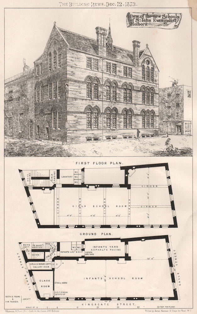 View of the new Schools of St. John Evangelist Holborn. London 1873 old print